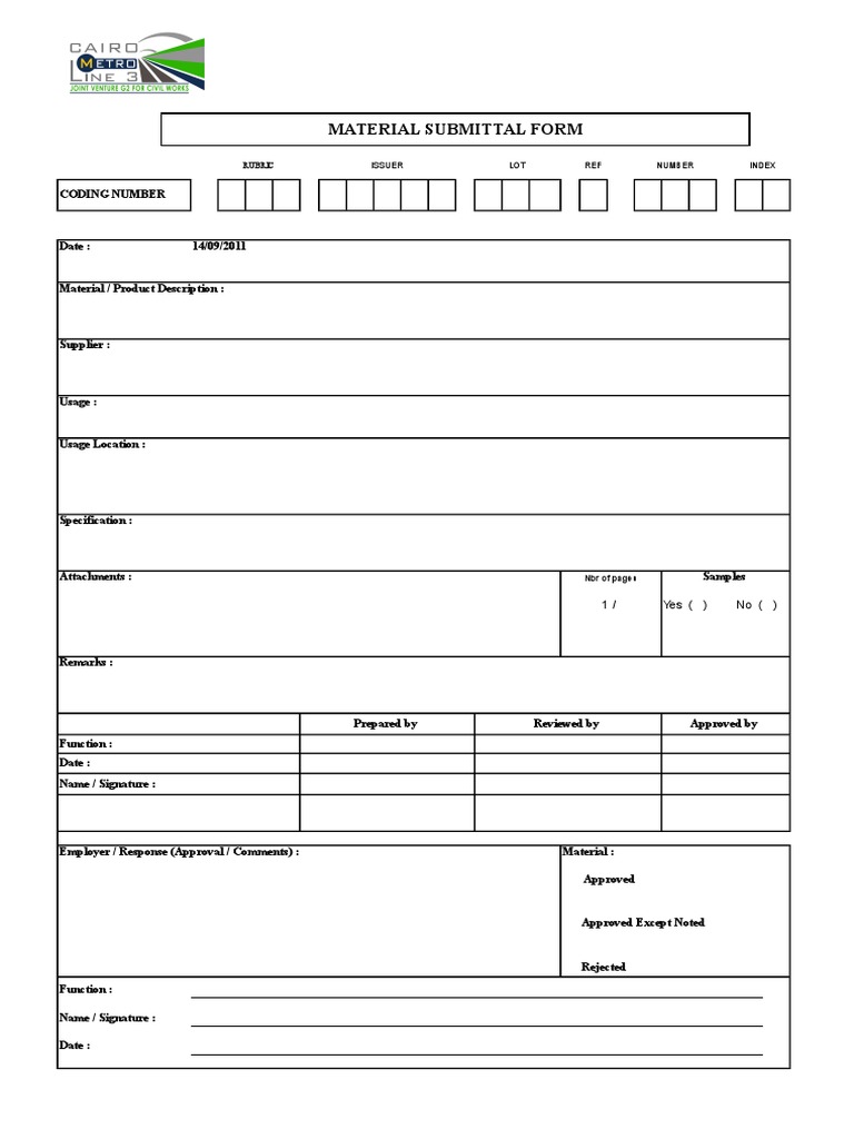 Material Submittal Form Template | PDF