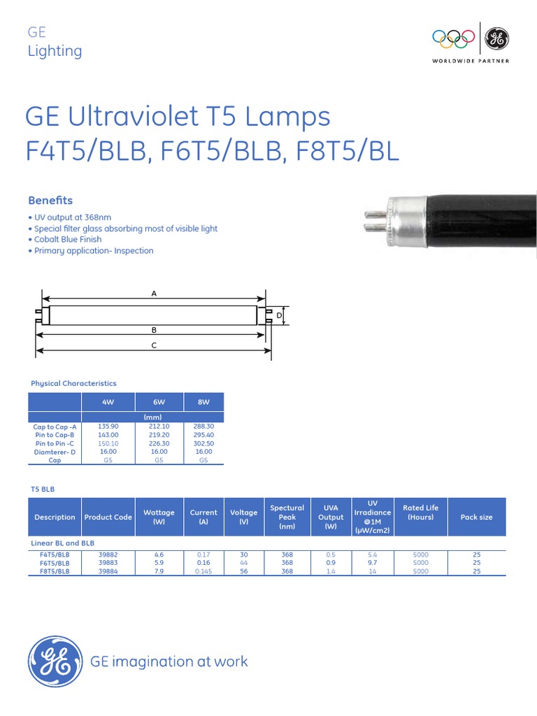 GE Ultraviolet T5 Lamps F4T5/BLB, F6T5/BLB, F8T5/BL: Lighting | PDF ...