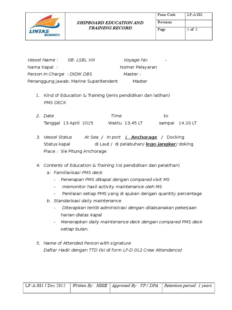 Shipboard Education Training Record | PDF