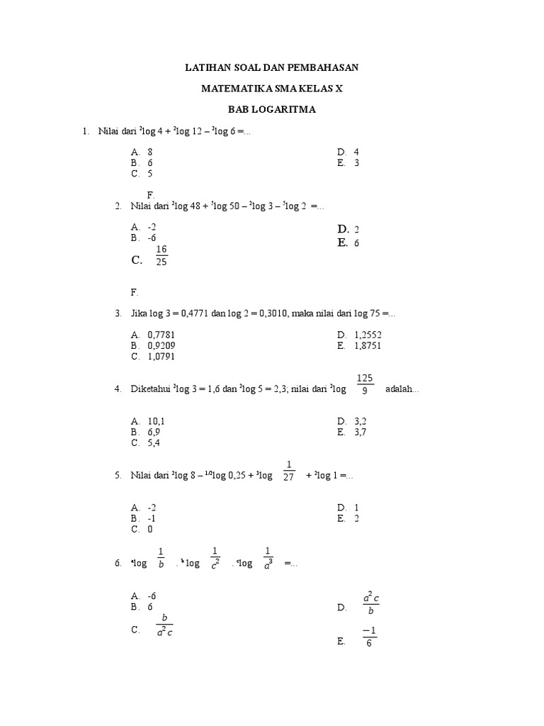 Soal Dan Pembahasan Logaritma SMA Kelas X PDF