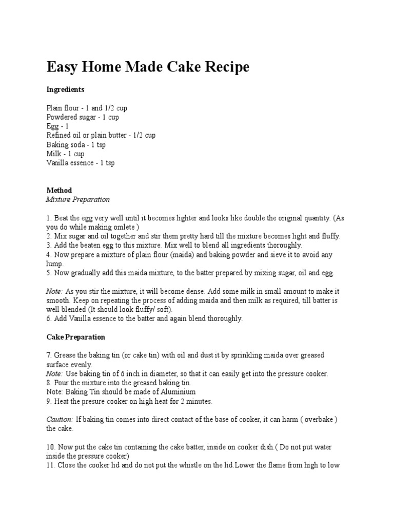 Easy Home Made Cake Recipe | PDF