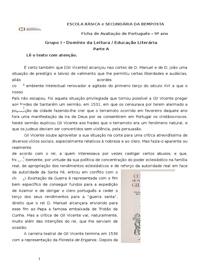 Ficha de Avaliação Auto Da Barca Do Inferno Portugal Religião e Crença