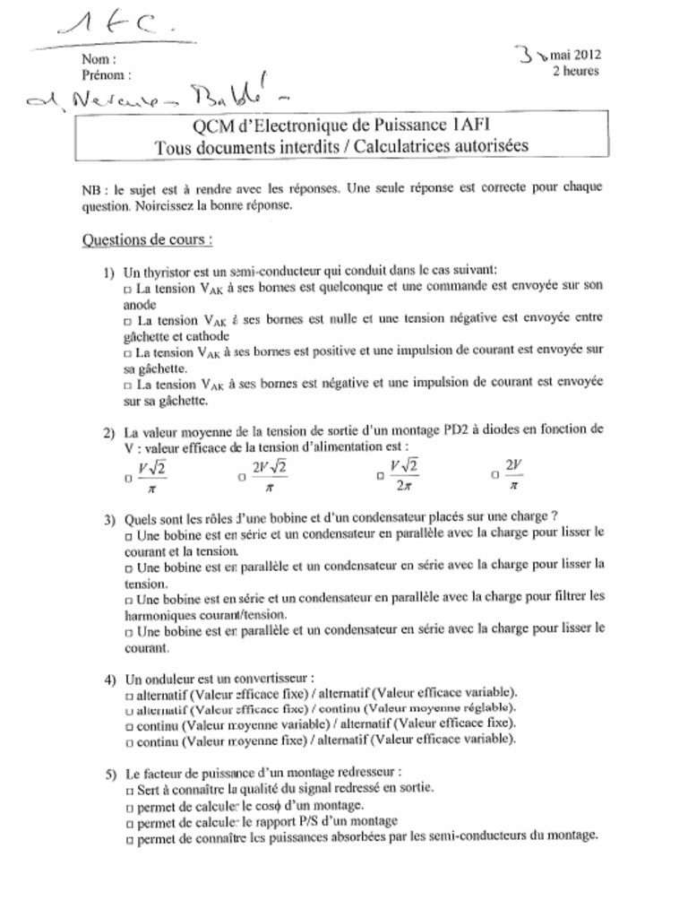 1A TC Electronique de Puissance 2012-05-30 Sujet | PDF