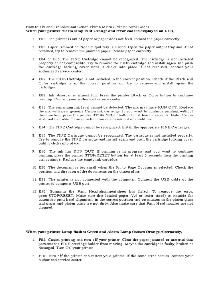 Troubleshooting Canon MP287 Error Codes | PDF | Office Work | Printer ...