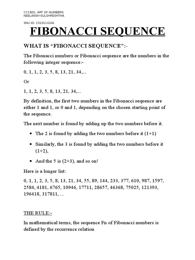 Fibonacci Sequence Discrete Mathematics Applied Mathematics