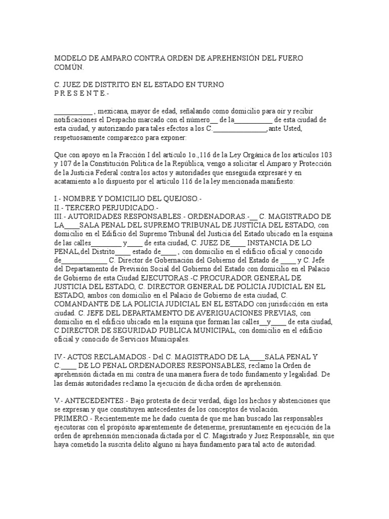 Modelo de Amparo contra Orden de Aprehensión | PDF | Pena capital ...