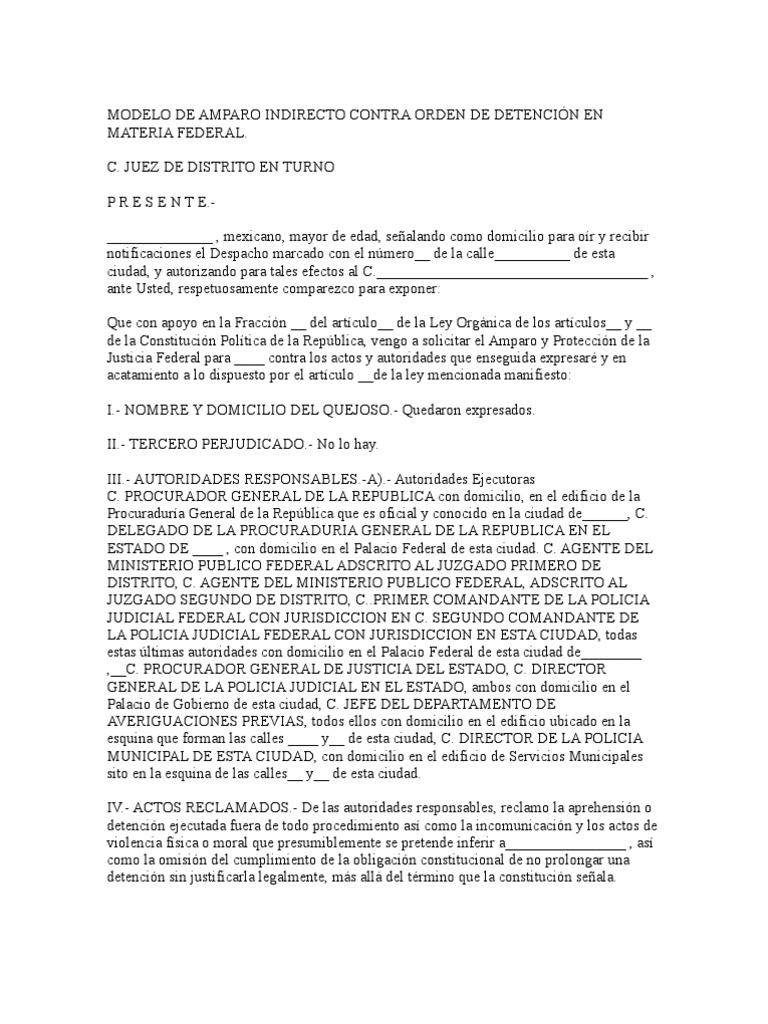 Modelo de Amparo Indirecto Contra Orden de Detención en Mater | PDF |  Violación | Constitución