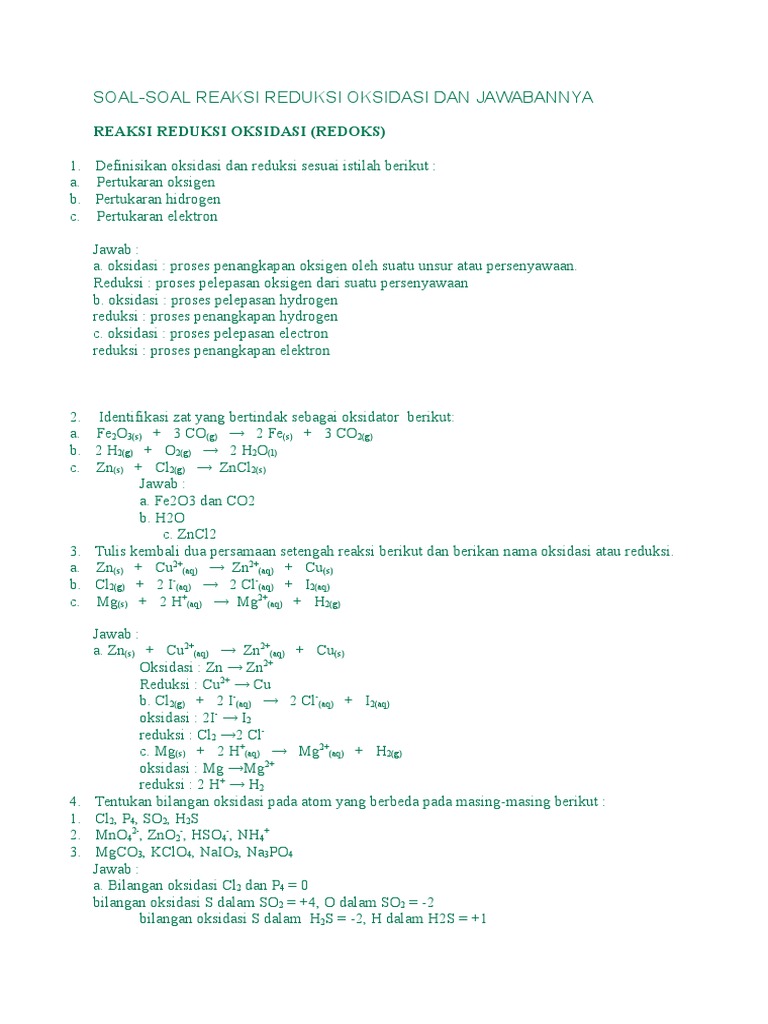 Soal Soal Reaksi Reduksi Oksidasi Dan Ja