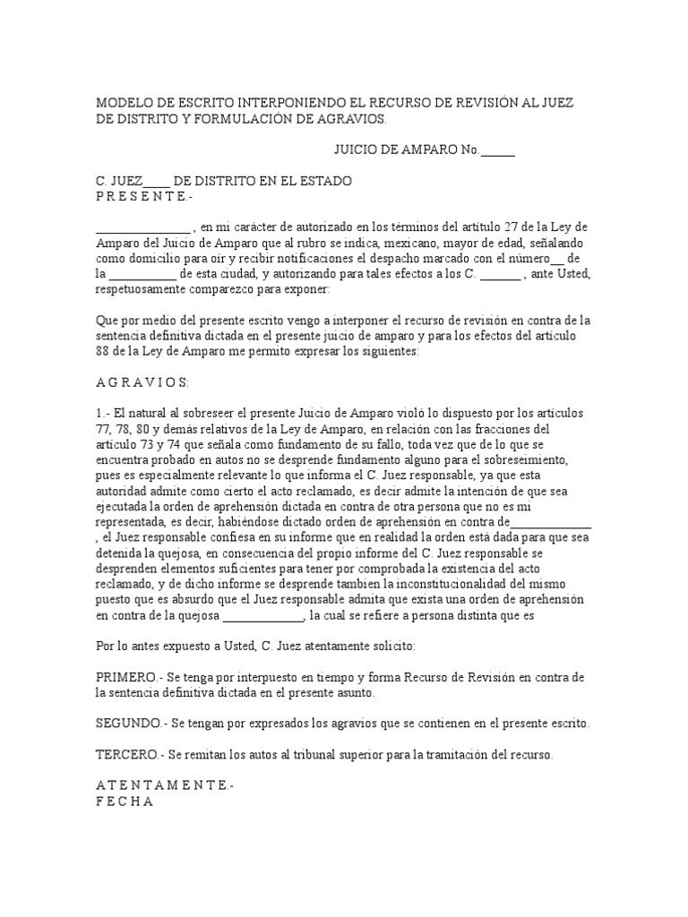 Formato de Recurso de Revisión en Amparo | PDF | Sentencia (ley) | Justicia