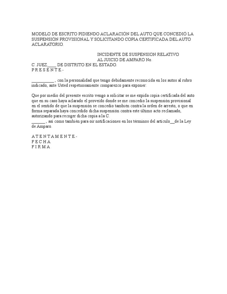 Modelo escrito aclaracion