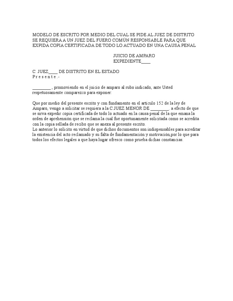 MODELO DE ESCRITO POR MEDIO DEL CUAL SE PIDE AL JUEZ DE DISTR