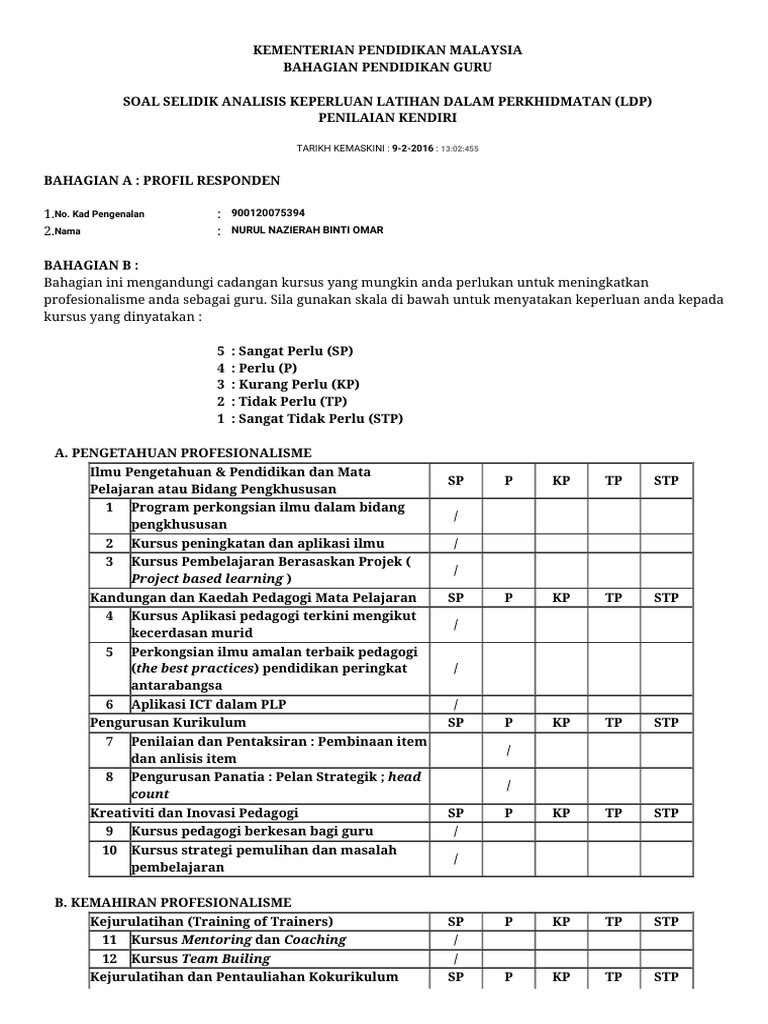 Contoh Borang Soal Selidik Analisis Keperluan Latihan