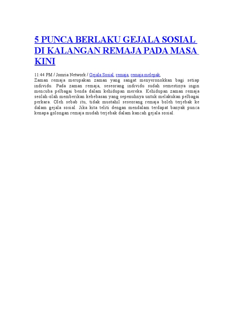 5 Punca Berlaku Gejala Sosial Di Kalangan Remaja Pada Masa Kini