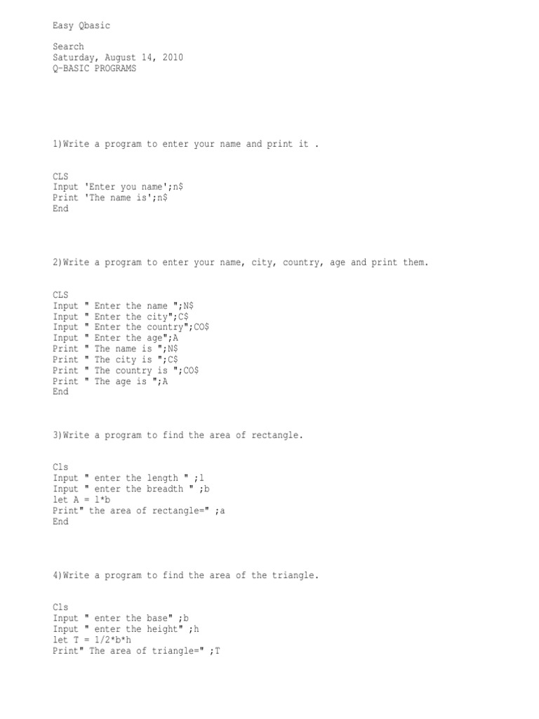 Qbasic Example Programs | Alphabet | Geometry