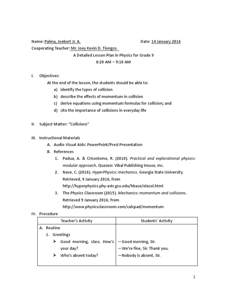 Grade 9 Physics: Collisions Lesson Plan | PDF | Collision | Momentum