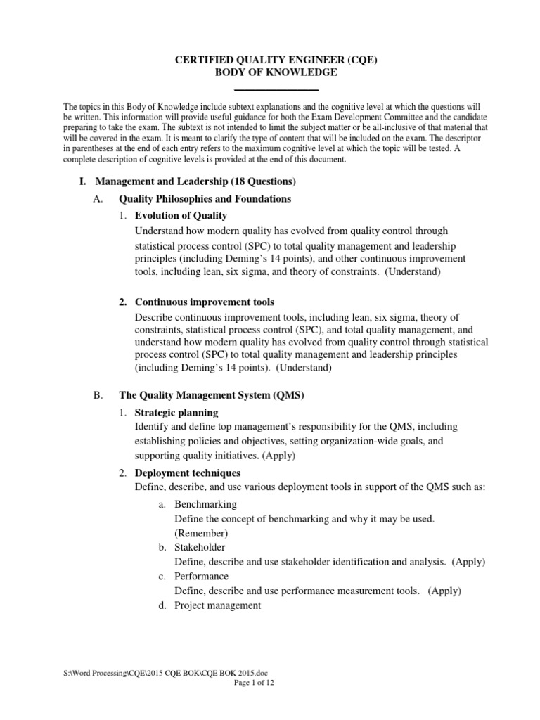Certified Quality Engineer (Cqe) Body of Knowledge | PDF | Reliability ...