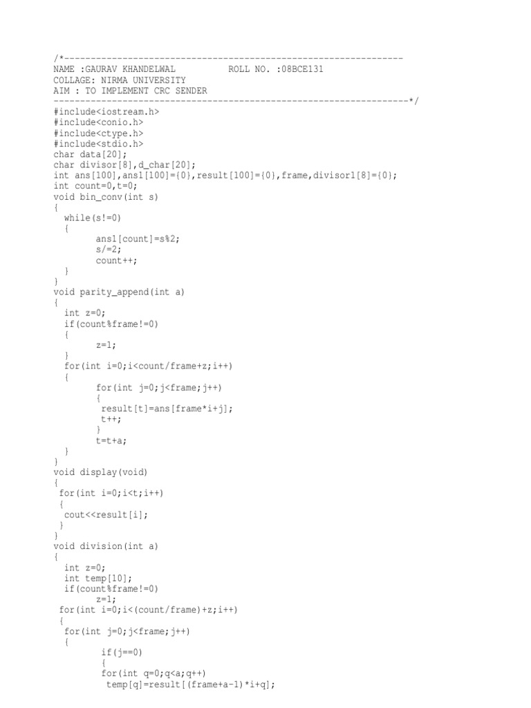 CRC Code in C | PDF | Algorithms | Software Engineering