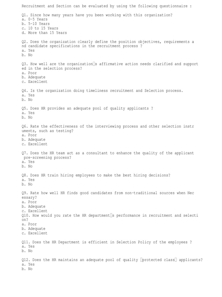 Recruitment and Selection Questionnaire | PDF | Self-Improvement