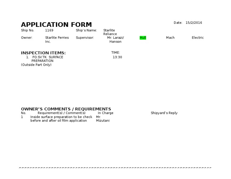 Starlite Ferries Inspection Application Form | PDF