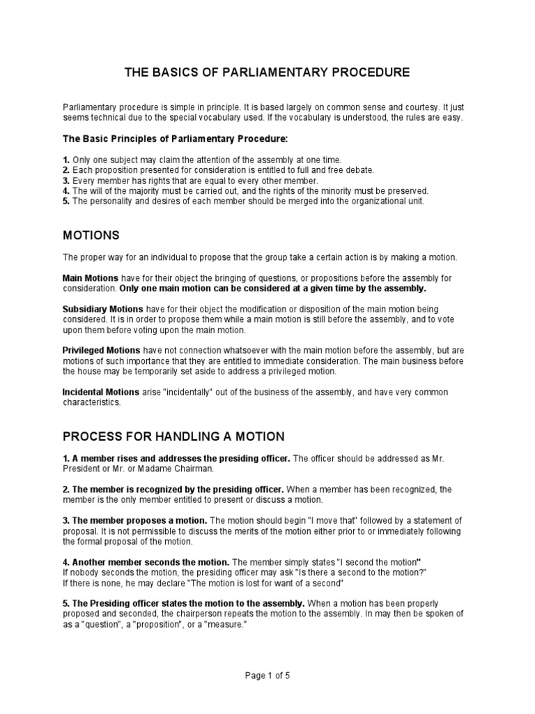 2015 2016 Basics Of Parliamentary Procedures Pdf Rules
