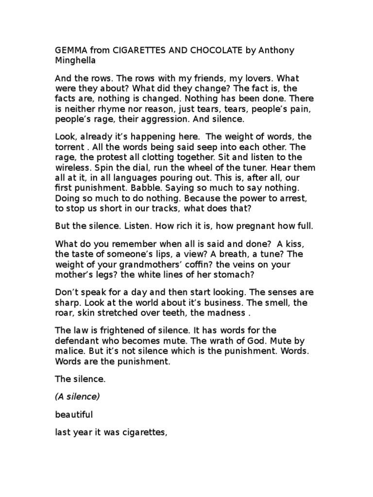 cigarettes and chocolate by anthony minghella Gemma's Monologue: Silence and Words | PDF | Language Arts & Discipline