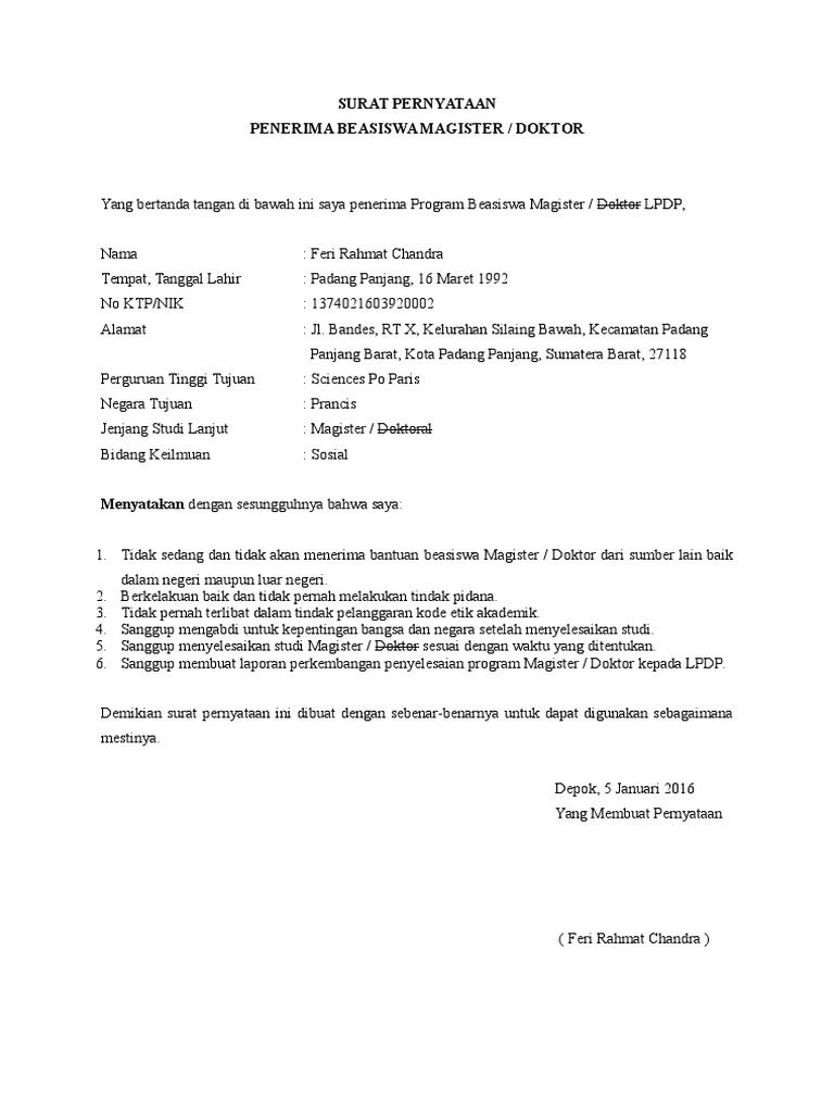Contoh Draft Surat Pernyataan LPDP Contoh Draft Surat Pernyataan LPDP