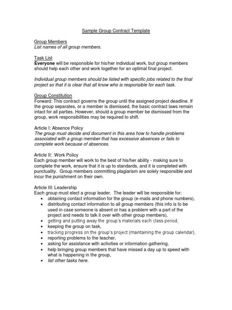 Sample Group Project Contract Template | PDF | Leadership | Social ...