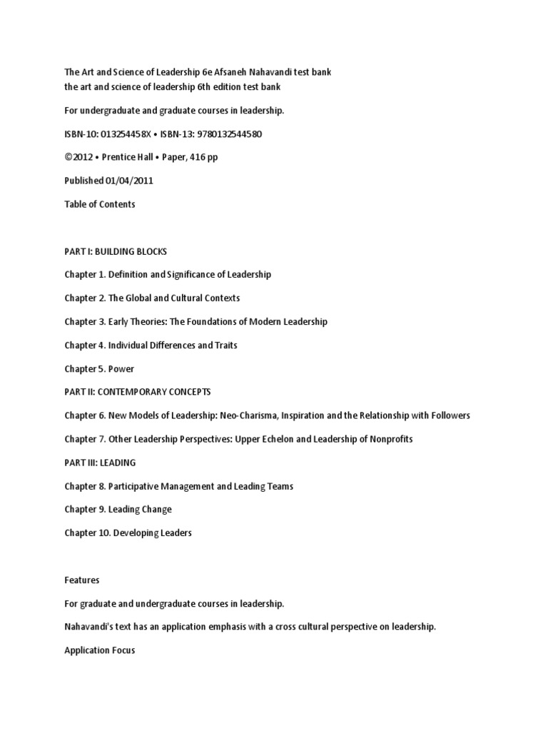 The Art and Science of Leadership 6e Afsaneh Nahavandi Test Bank | PDF ...