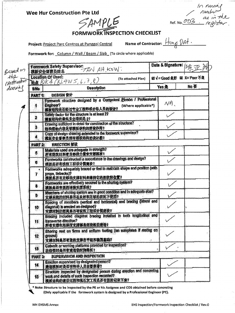 Formwork Inspection Record & Register - Sample | PDF