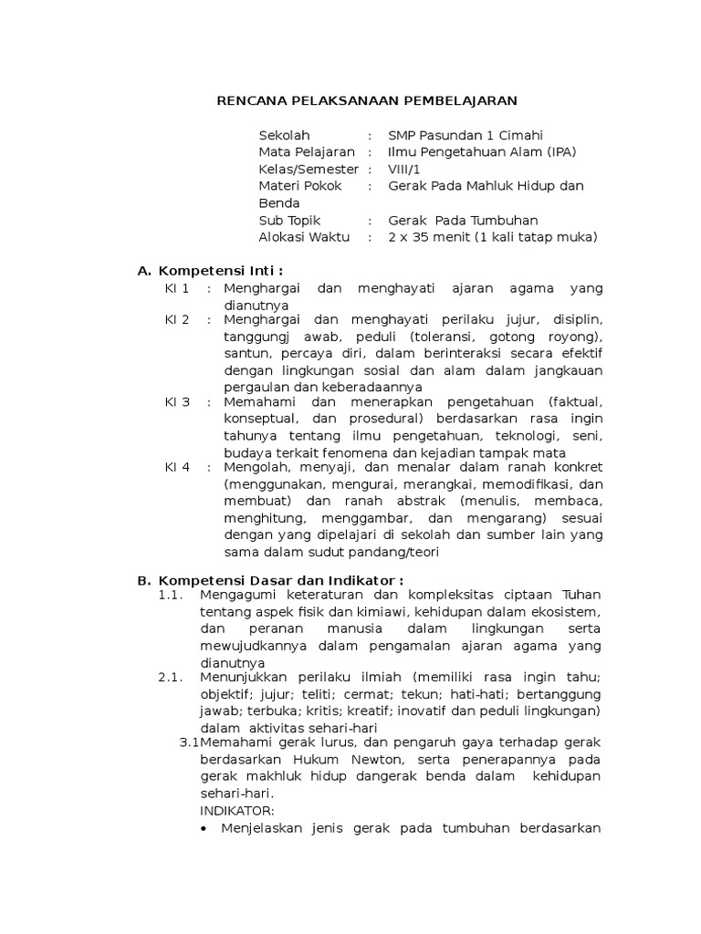 1 RPP Gerak Pada Tumbuhan