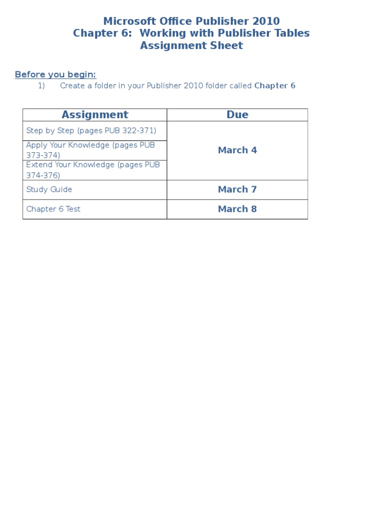 Publisher 2010 Chapter 6 Assignment Guide | PDF
