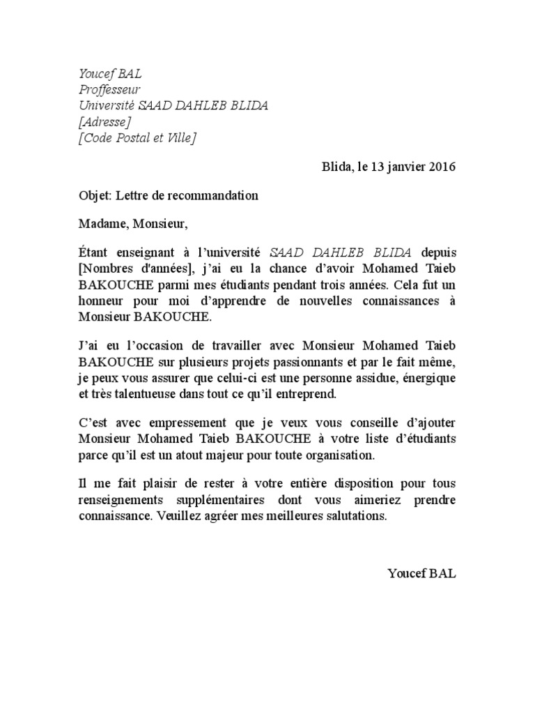 Lettre De Recommandation Prof Pour Etudiant