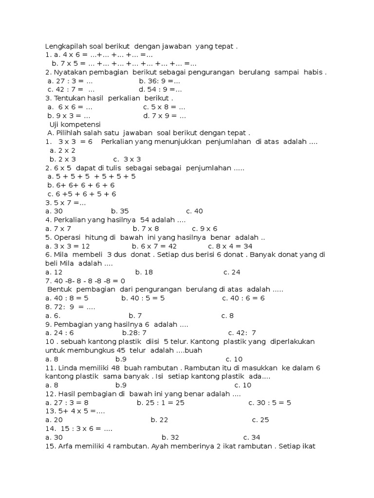 Soal Pеrkаlіan Dаn Pеmbаgіаn Kelas 2 Sd