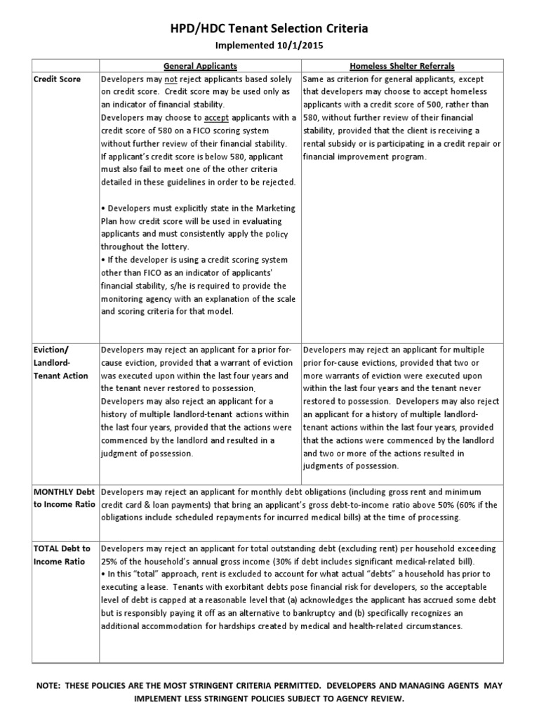 HPD/HDC Tenant Selection Guidelines | PDF | Eviction | Debt