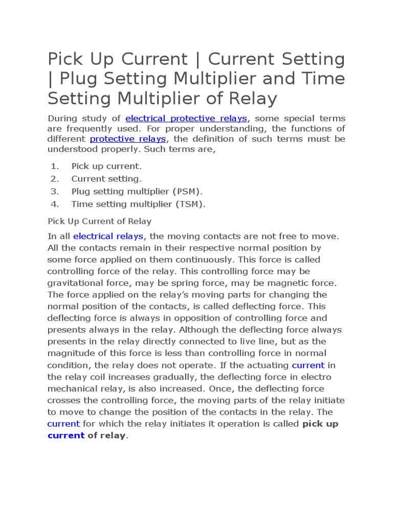 Setting Calculations and Definitions for Electrical Protective Relays