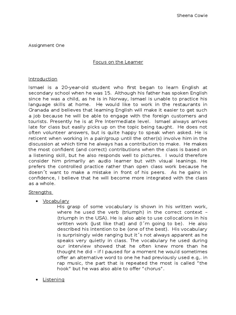 CELTA Focus on the Learner: Ismael's Profile | PDF | Vocabulary ...