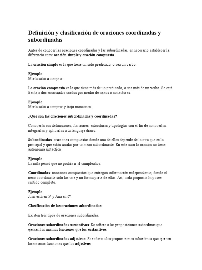 Clasificación de oraciones coordinadas y subordinadas | PDF | Oración ...