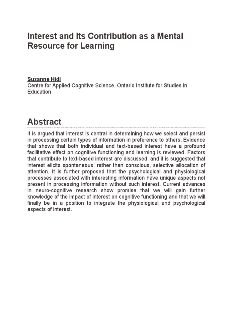Impact of Interest on Learning and Cognition | PDF