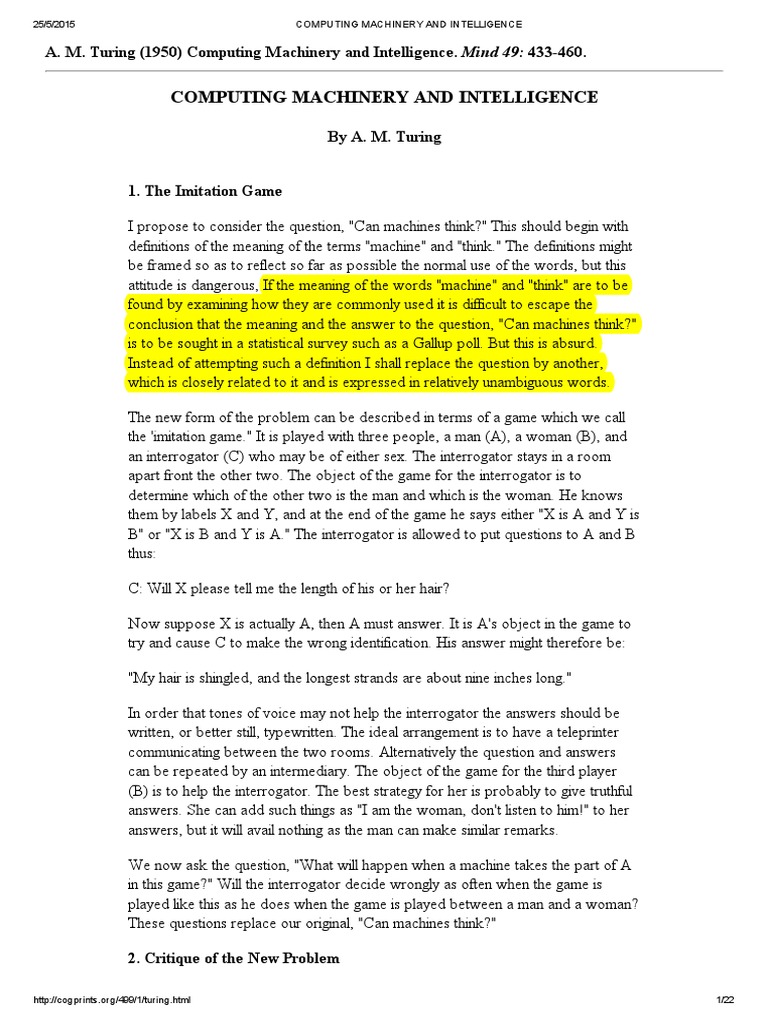Turing 1950 Computing Machinery and Intelligence PDF Epistemology