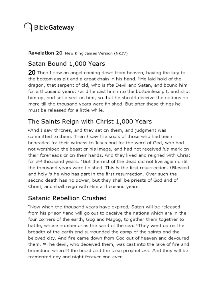 Revelation 20 NKJV - Satan Bound 1 000 Years - Then I Saw An | PDF ...