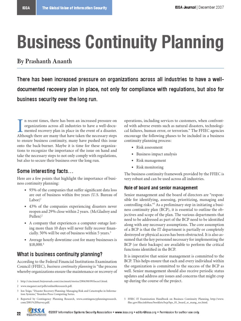 Business Continuity Planning | PDF | Risk Assessment | Strategic Management