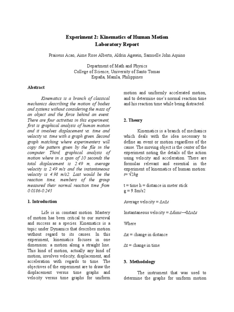 Kinematics of Human Motion Experiment | PDF | Velocity | Kinematics