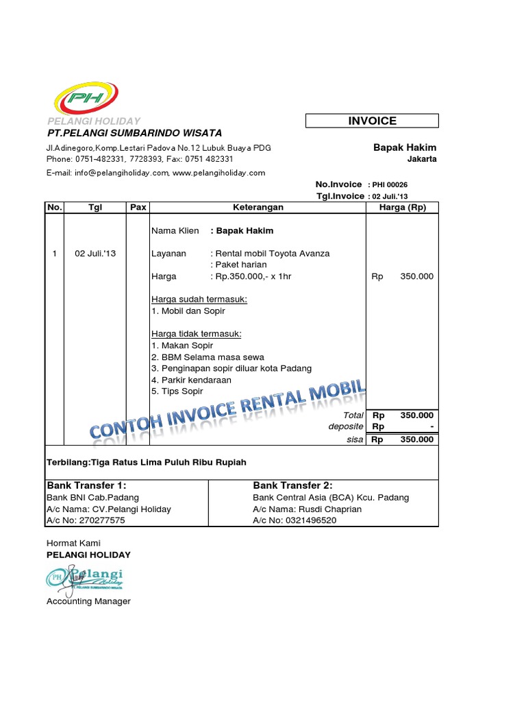 Contoh Invoice Rental Mobil Padang