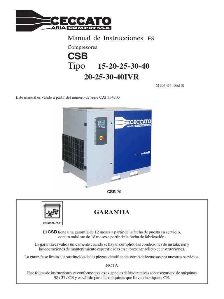 Manual Instrucciones Compresor CSB Ceccato | PDF | Compresor de gas ...