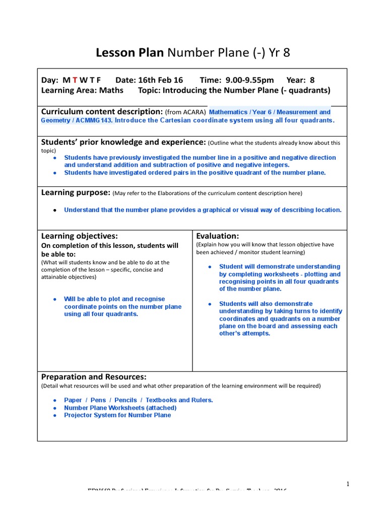Year 8 Cartesian Plane Lesson Plan | PDF | Cartesian Coordinate System ...