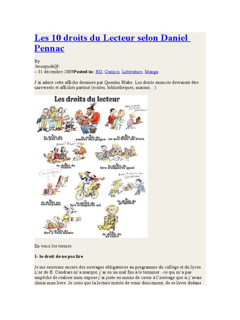 Les Dix Droits Du Lecteur Pennac Affiche Les 10 Droits Du Lecteur Selon Daniel Pennac | Lecture (Processus