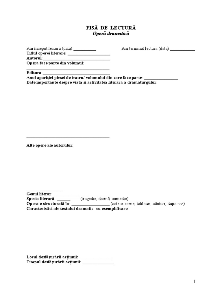 Model Fisa De Lectura Liceu Fisa de Lectura - Text Dramatic | PDF