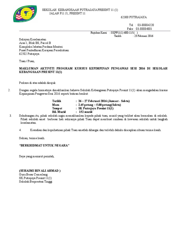 Contoh Surat Maklumankepada Balai Polis Mengadakan Program