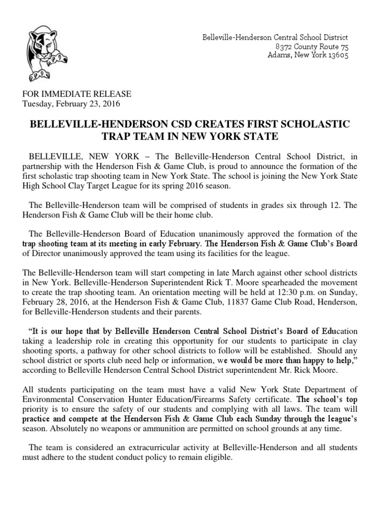 BellevilleHenderson Central School District Creates First Scholastic