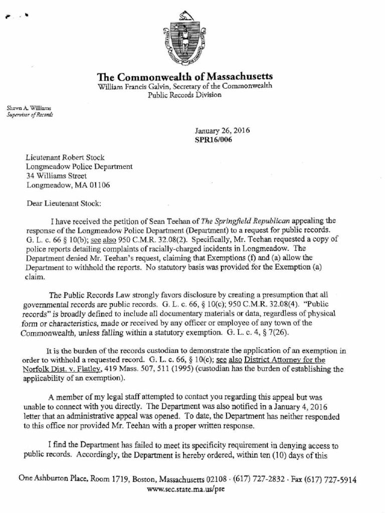 Supervisor of Records Letter To Longmeadow Police PDF